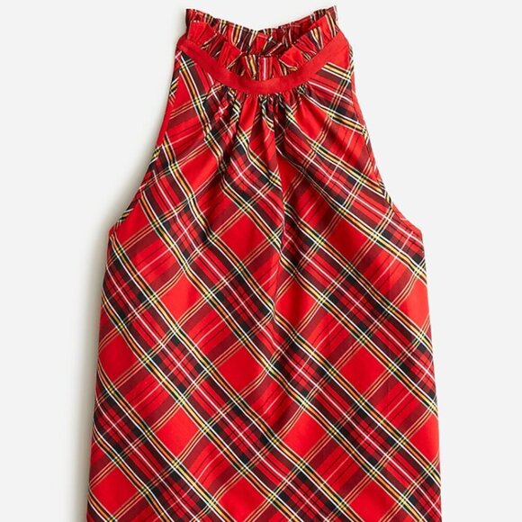 J CREW Holiday Ruffle Neck Sleeveless Cotton Poplin Top Red Green Gold Plaid XXL - Picture 1 of 9